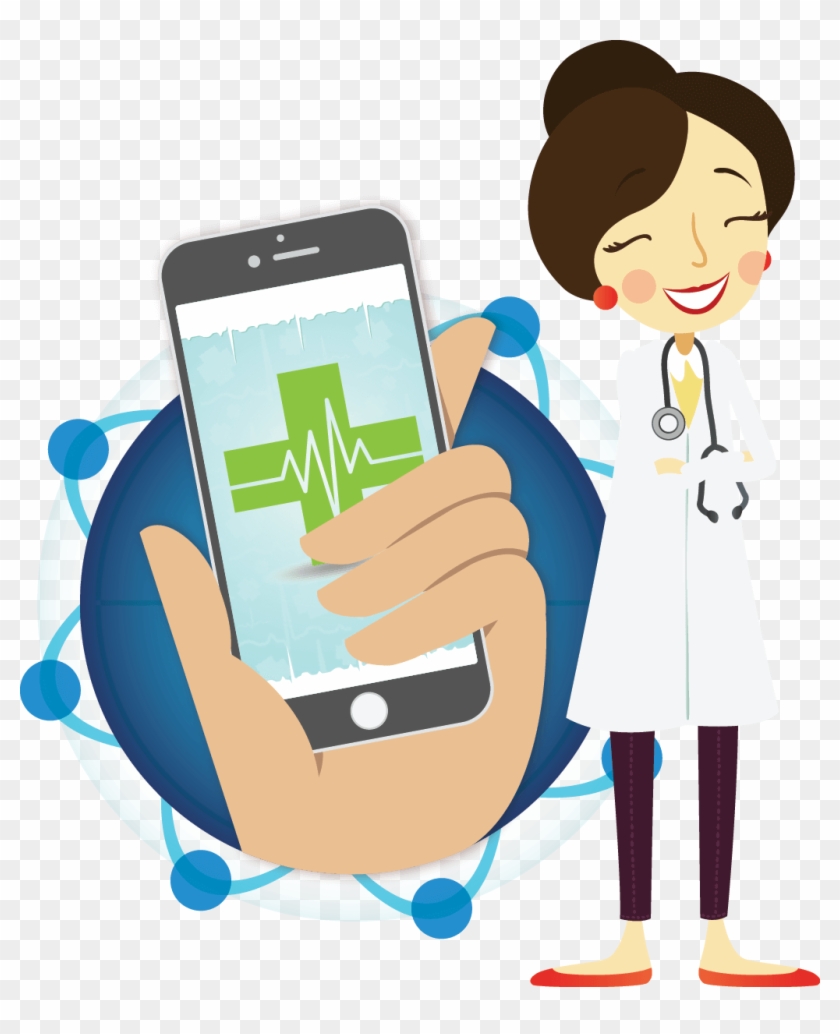 Smiling female doctor beside a hand holding a smartphone displaying a green medical cross and ECG line on screen, surrounded by network nodes.