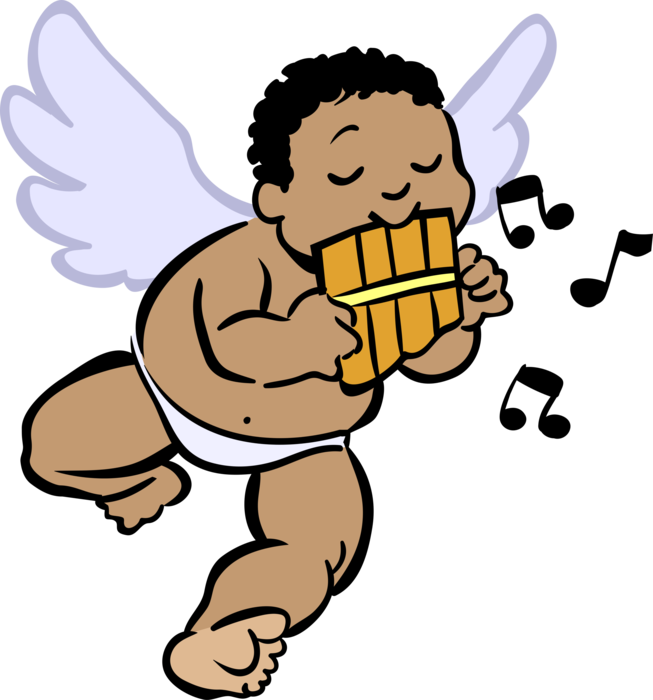 A smiling baby angel with white wings and a diaper holds a golden honeycomb, flying joyfully against a black background.