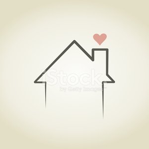 Simple line-drawn house with a heart above the chimney, symbolizing love and home.