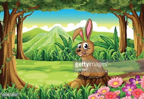 A cartoon rabbit sits on a tree stump in a lush forest with mountains and colorful flowers nearby.