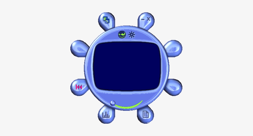 Blue cartoon-style digital pet device with screen, buttons, and expressive face icons.