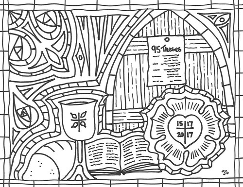 Reformation Day Coloring Page - 95 Theses, Luther’s Rose & Communion Symbols