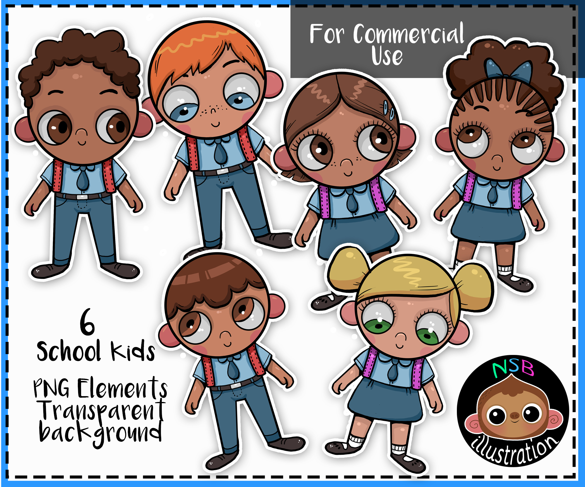 Six diverse cartoon school kids in uniforms, PNG clipart with transparent background for commercial use.