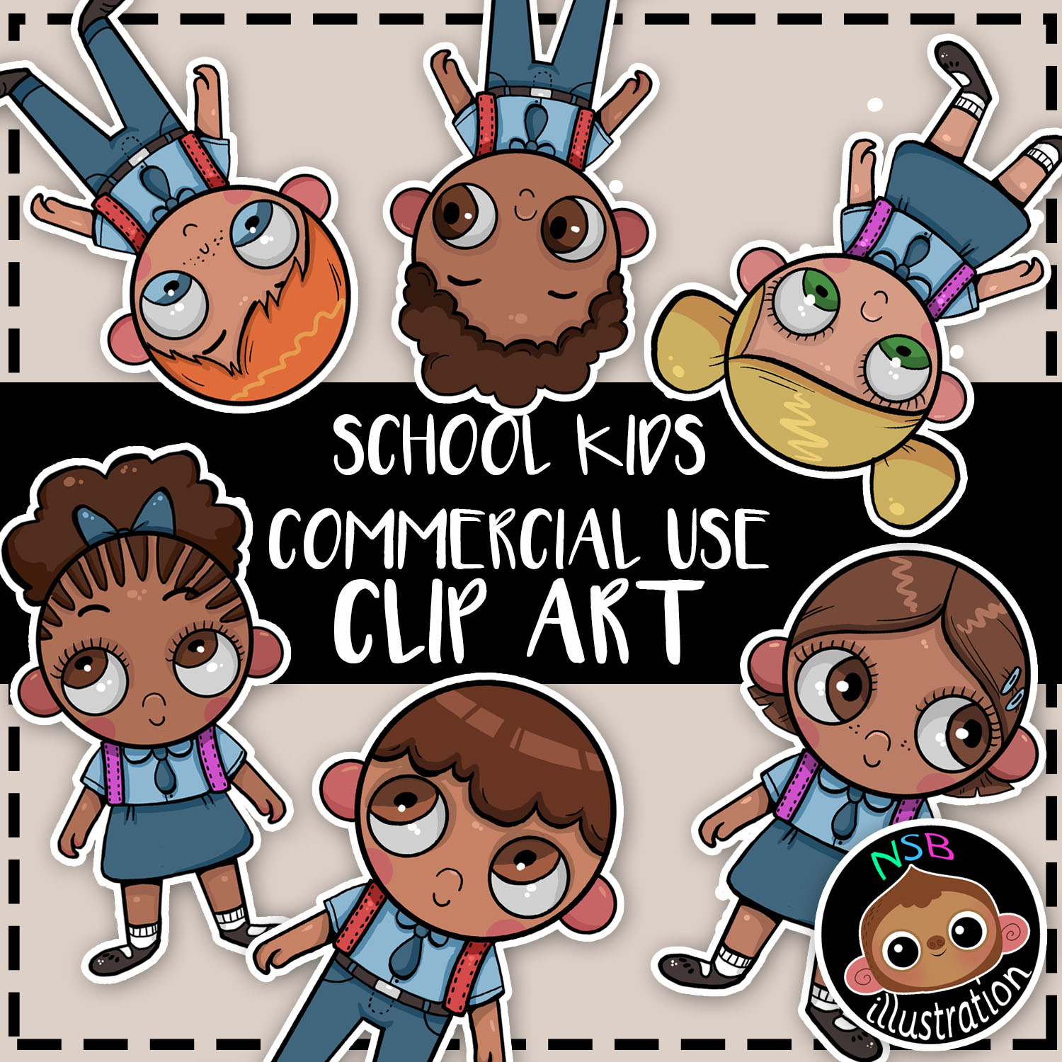 Six diverse cartoon school kids in uniforms, shown upright and upside-down, with expressive eyes and playful poses; commercial clip art.