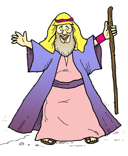 Cartoon illustration of a smiling elderly man with long yellow hair, beard, purple robe, pink tunic, and wooden staff.