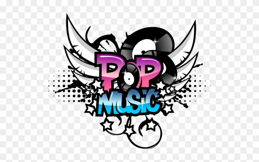 Vibrant pop music logo with winged vinyl records, stars, and graffiti-style "POP MUSIC" text in pink and blue.