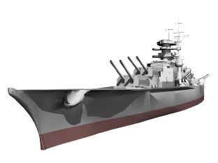 Monochrome 3D rendering of a World War II-era battleship with multiple gun turrets and superstructure.
