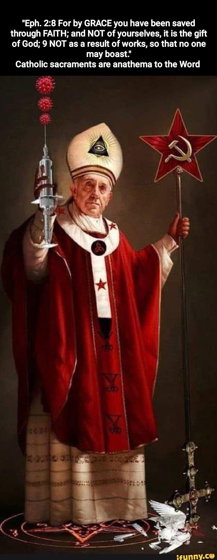 A satirical portrait of a pope-like figure holding a syringe with virus particles and a Soviet-style hammer-and-sickle star, surrounded by occult symbols.