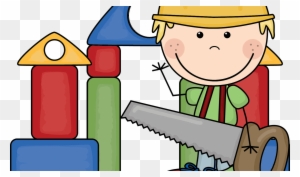 A smiling cartoon child in a construction hat holds a saw beside colorful building blocks.