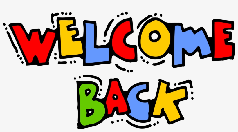 Colorful hand-drawn "WELCOME BACK" text in bold, playful letters with black outlines and dotted accents.