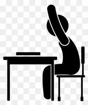 Black silhouette of a person sitting at a desk with one arm raised, suggesting participation or stretching.