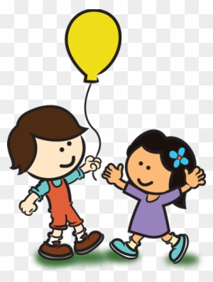 Two smiling cartoon children-one holding a yellow balloon-joyfully interacting on a transparent background.