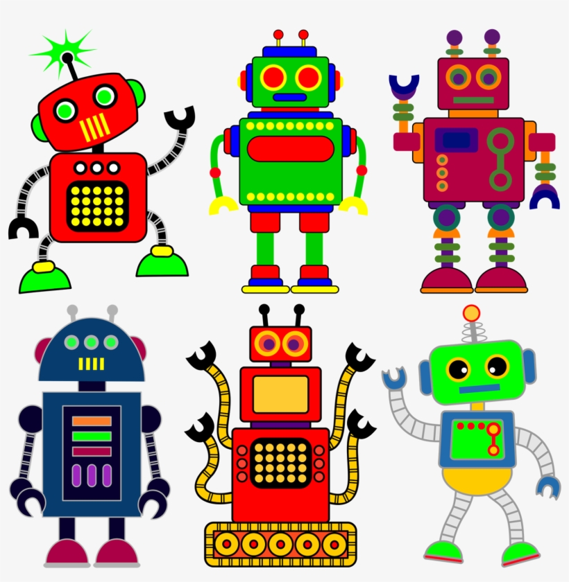 Six colorful retro-style cartoon robots with expressive faces and varied designs, including antennas, buttons, and mechanical limbs.
