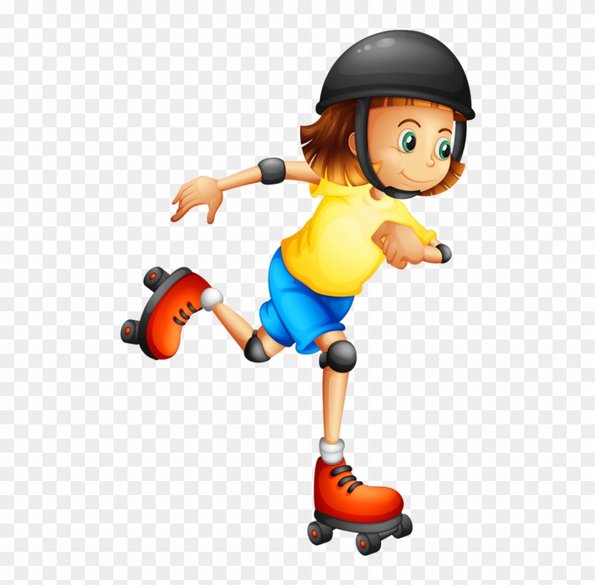 Cartoon girl wearing helmet and protective gear roller skating dynamically on one foot.