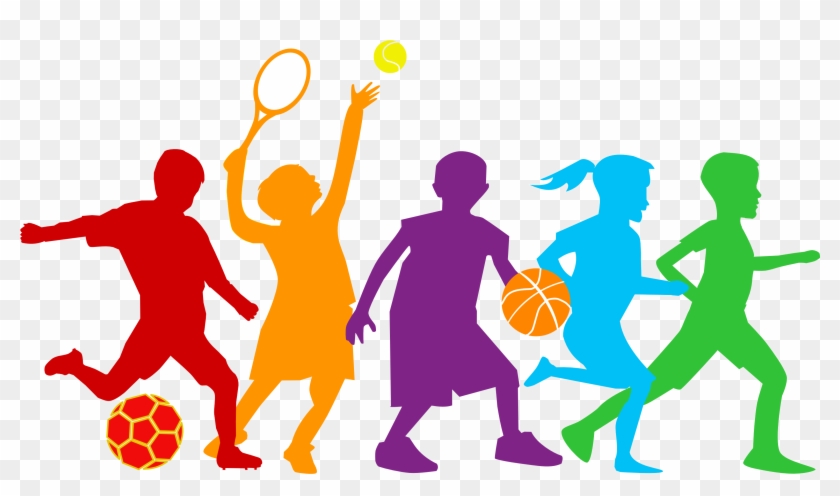 Colorful silhouettes of five children playing soccer, tennis, basketball, and running-symbolizing youth sports and active lifestyles.