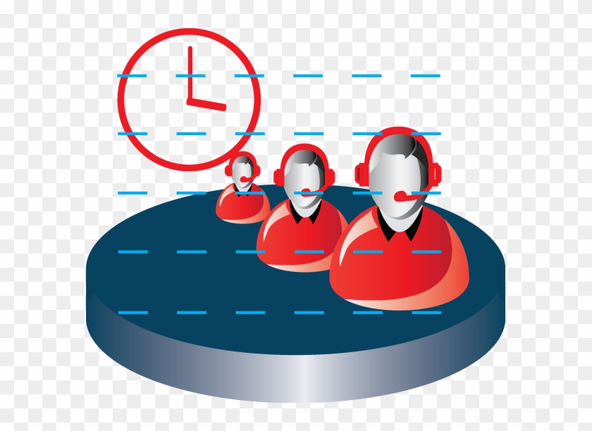 Three customer support agents with headsets on a platform under a red clock, symbolizing 24/7 service and response time.