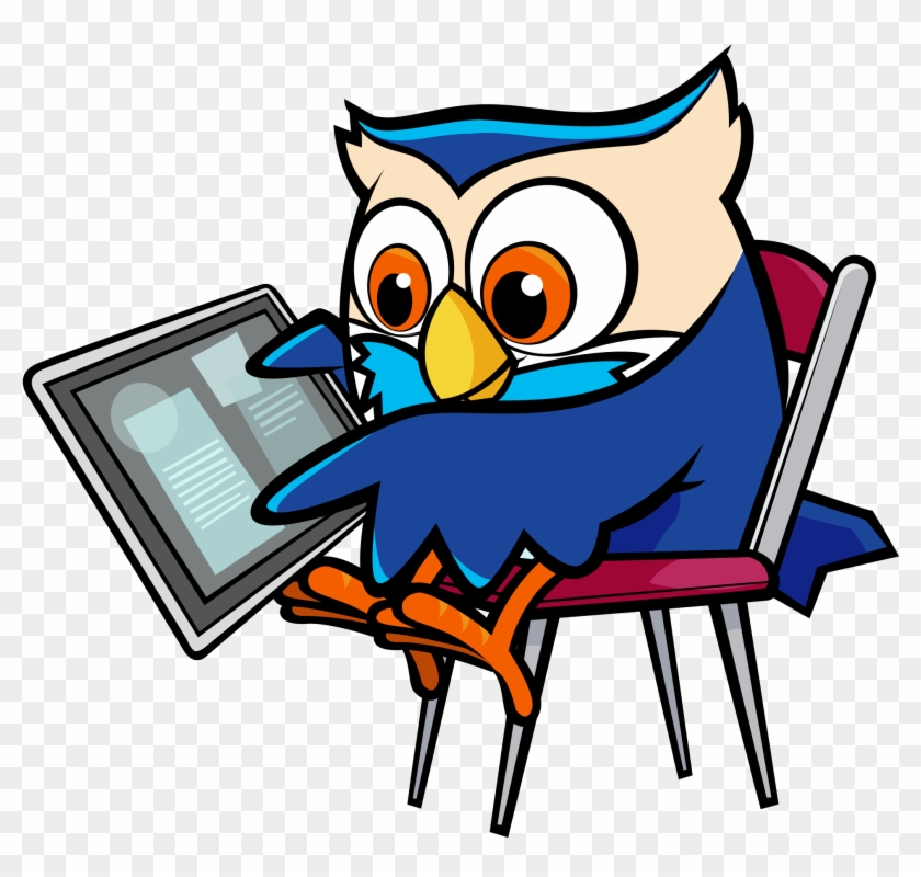 Cartoon owl in blue robe sitting on a chair, reading from a tablet device.
