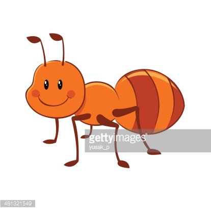 Friendly cartoon orange ant with smiling face, striped abdomen, and six legs on white background.