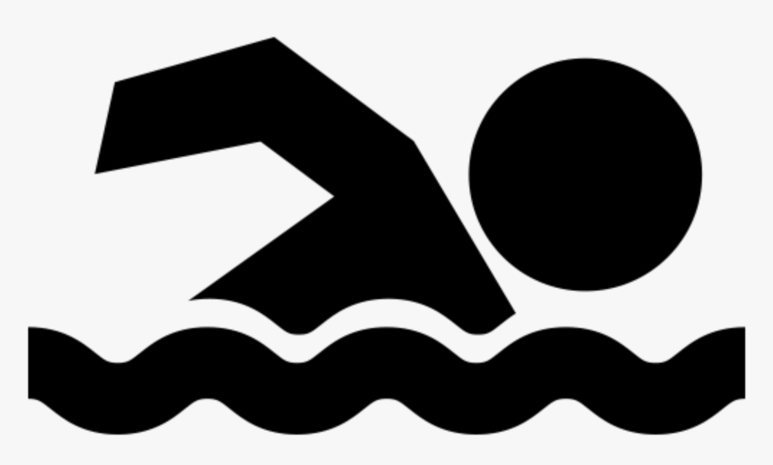 Black silhouette of a swimmer in front crawl stroke above wavy water lines on white background.