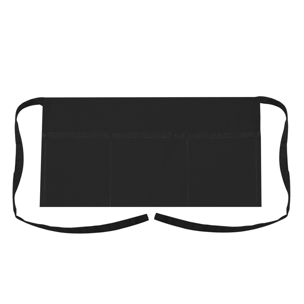 Black waist apron with three front pockets and adjustable ties, ideal for chefs, baristas, or craft workers.