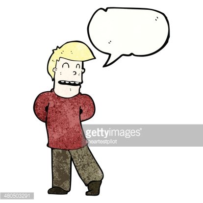 Cartoon man with blond hair, red shirt, and speech bubble, smiling with hands behind back.