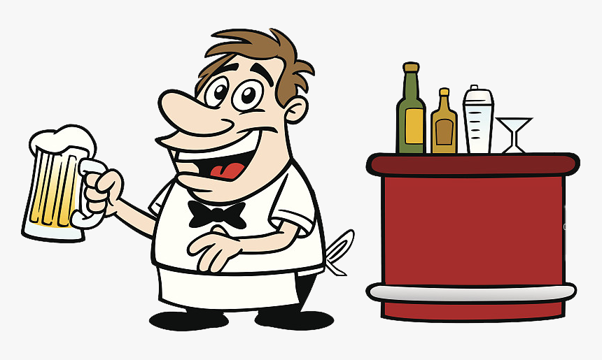 Cheerful cartoon bartender holding a frothy beer mug beside a red bar with bottles and a cocktail shaker.