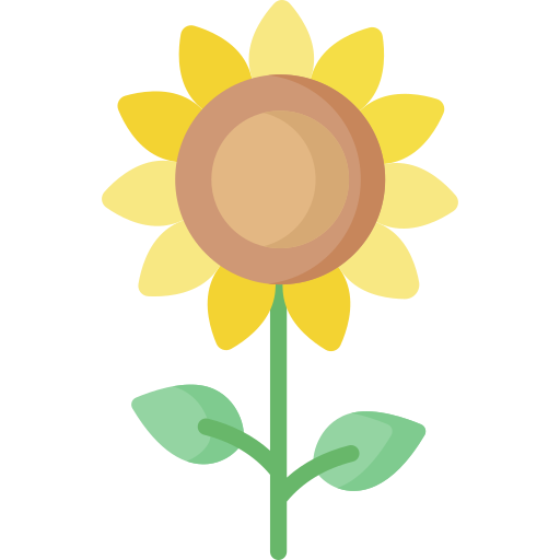 A stylized yellow sunflower with brown center, green stem, and two leaves on white background.