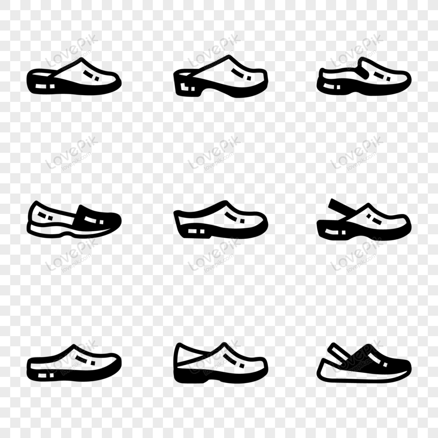 Nine black-and-white shoe icon variations including clogs, loafers, and slip-ons on transparent background.