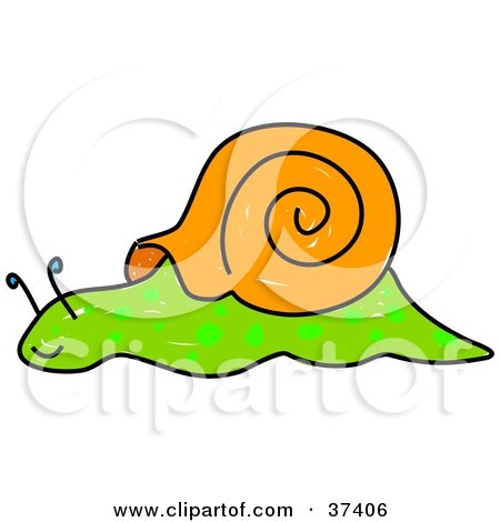 Cartoon snail with orange shell crawling on green leaf, smiling and cheerful.