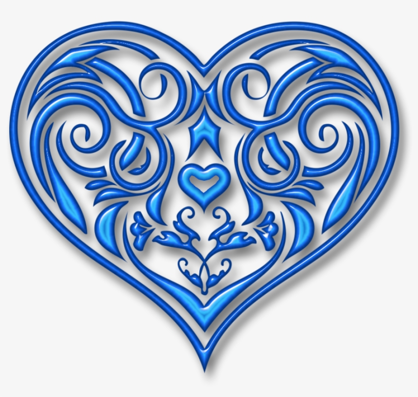 Intricate blue ornamental heart with swirling filigree patterns and a central small heart motif.