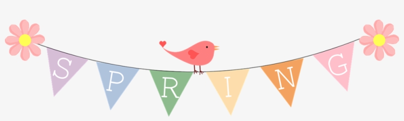 Colorful spring banner with floral flags, a pink bird, and the word "SPRING" spelled across pennants.