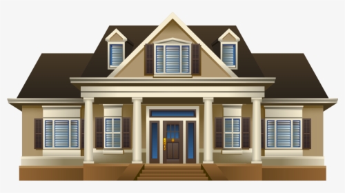 Classic two-story beige house with white columns, brown roof, and blue shutters.