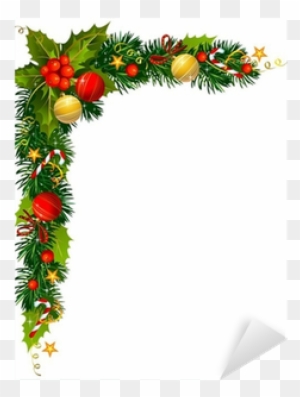 Festive Christmas corner border with holly, pine branches, red and gold ornaments, candy canes, and golden stars on white background.