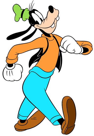 Goofy running joyfully in his classic orange shirt, blue pants, green hat, and brown shoes.