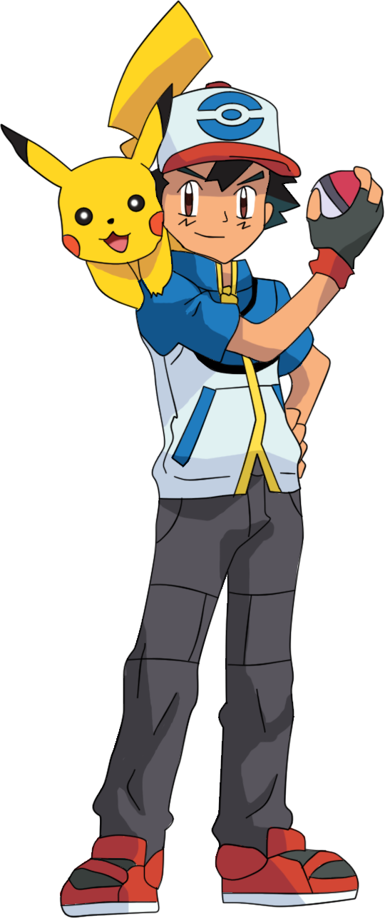 Ash Ketchum holding Pikachu on his shoulder, wearing his iconic hat and holding a Poké Ball.