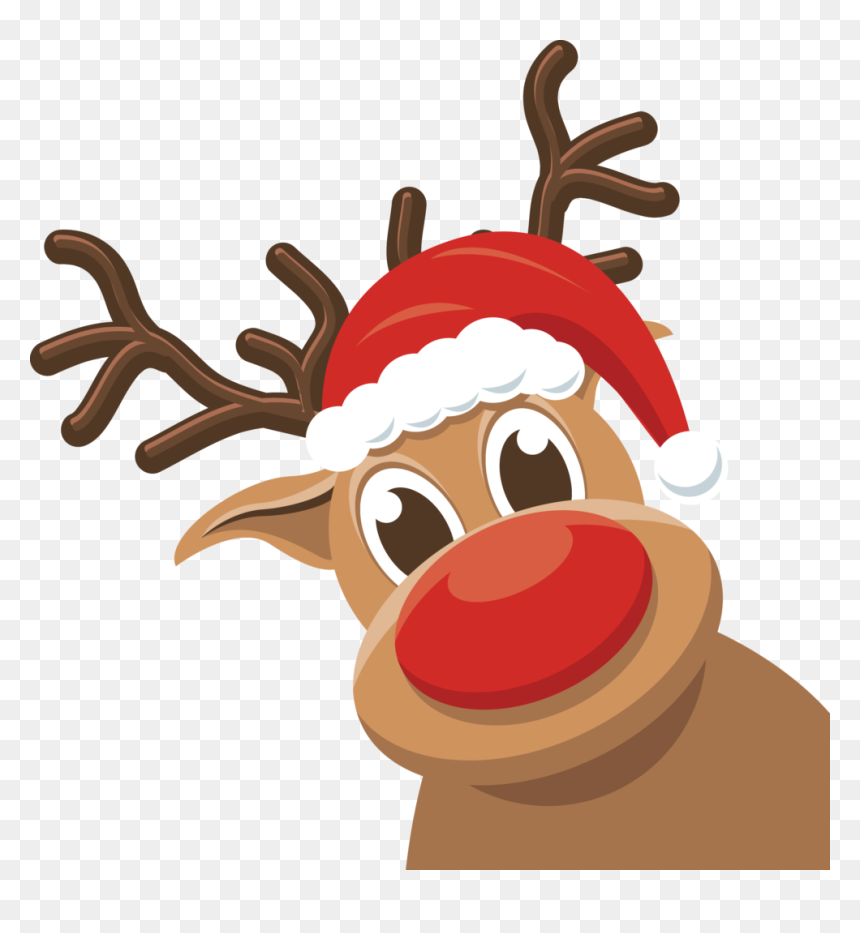 Festive cartoon reindeer with red nose and Santa hat peeking playfully.