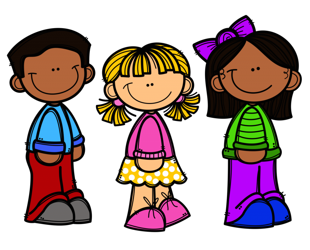 Three diverse cartoon children smiling-boy in blue shirt and red pants, girl with yellow pigtails in pink dress, girl with purple bow in green striped top.