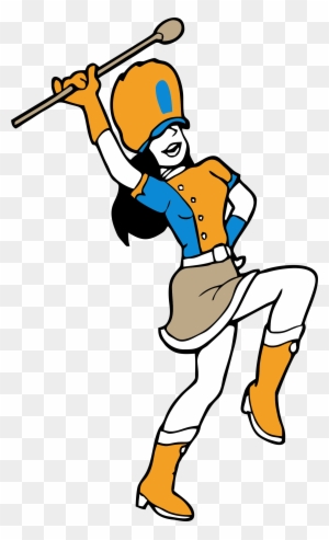 Animated marching band drum major in orange and blue uniform, holding baton mid-stride with energetic pose.