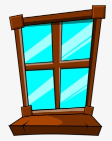 Cartoon-style wooden window with four blue-tinted glass panes and a sill.