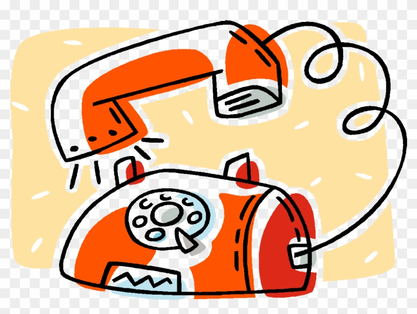 Cartoon-style vintage rotary telephone with orange handset lifted, cord coiled, and dial visible against soft yellow background.