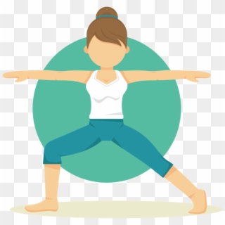 Woman performing Warrior II yoga pose with arms extended, green circular background.