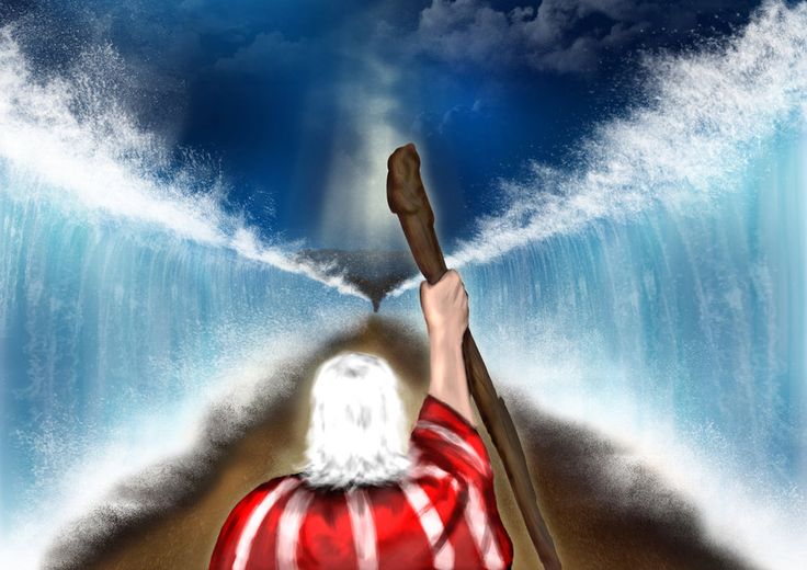 A white-haired figure in red robes raises a staff, parting massive blue waves under a stormy sky.