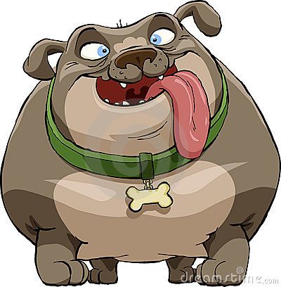 Cartoon bulldog with wide eyes, tongue out, wearing green collar and bone tag.