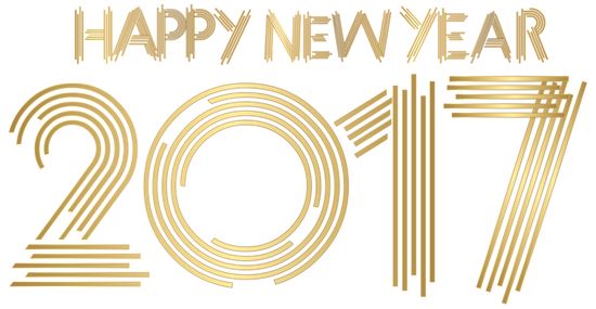 Gold "Happy New Year 2017" graphic with stylized numerals and festive typography.
