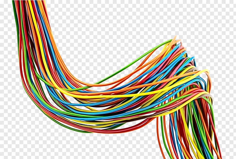 Colorful insulated wires twisting in a dynamic flow against transparent background.