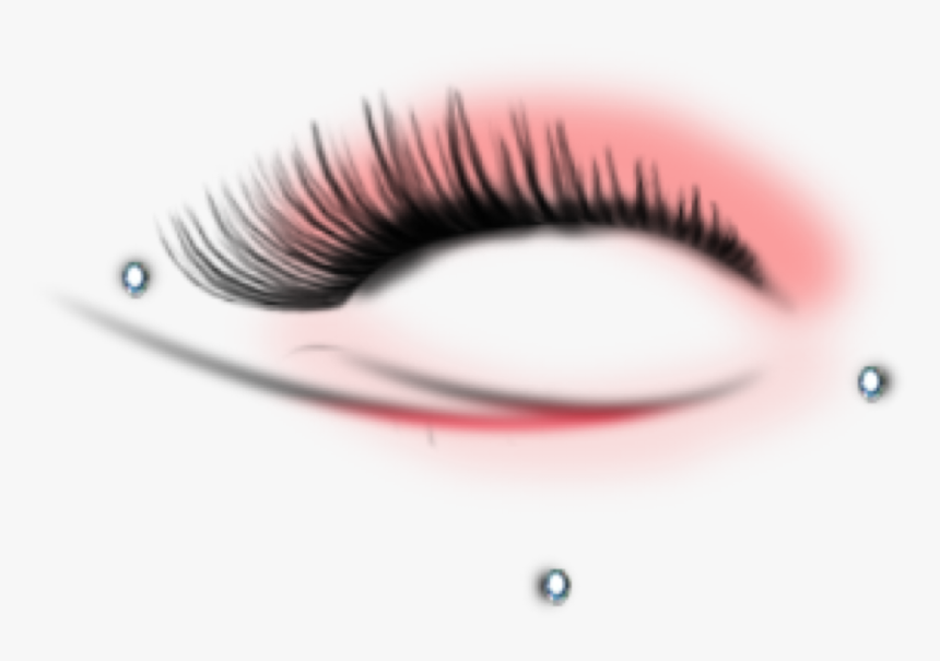 Stylized close-up of a feminine eye with long black lashes, pink eyeshadow, and three sparkling gem accents on white background.