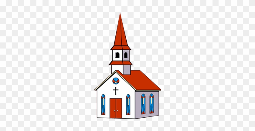 Simple cartoon-style church with red steeple, white walls, blue stained-glass windows, and a cross above the door.