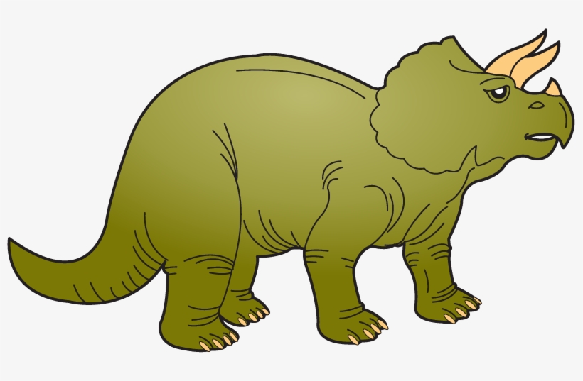 Green cartoon Triceratops with three horns and frill, standing in profile view.