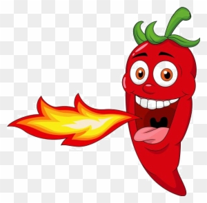 Cartoon red chili pepper with green stem, wide eyes, open mouth, and fire breath effect on transparent background.