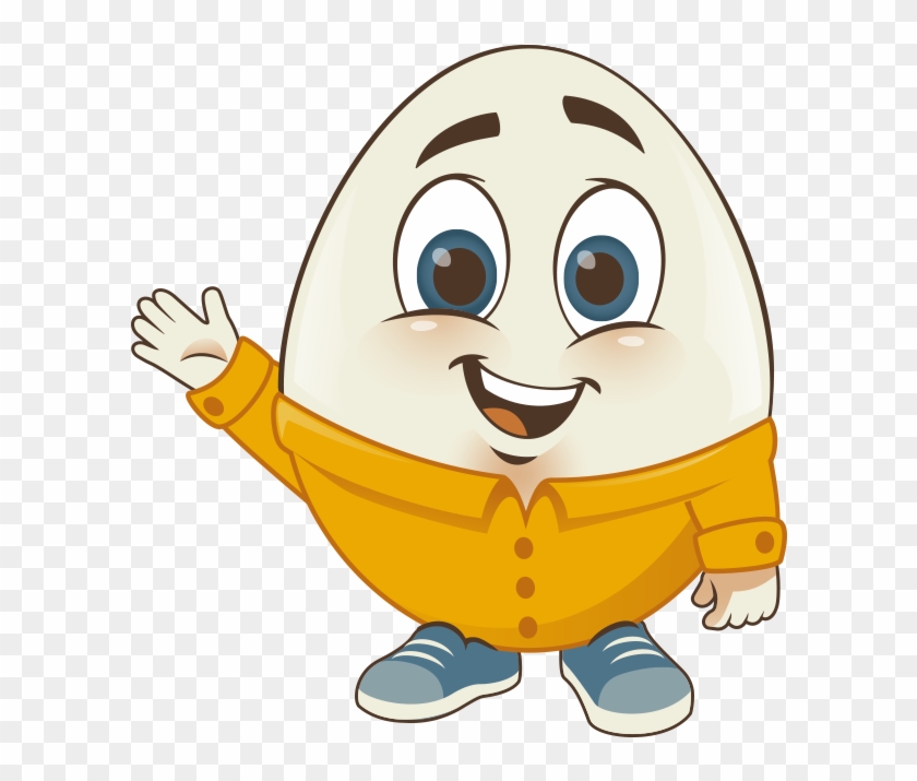 Friendly cartoon egg character in orange shirt and blue sneakers waving hello.